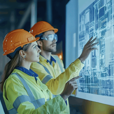 Two workers looking at digital blueprints